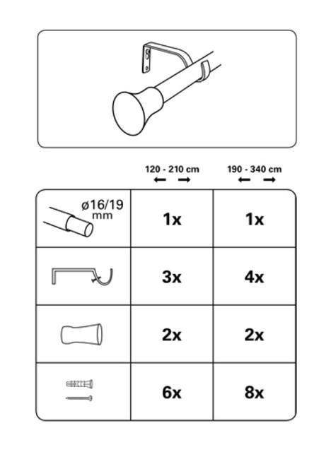 kihúzható komplett karnis szett Ø16/19 mm konus kihúzható komplett karnis szett Ø16/19 mm konus