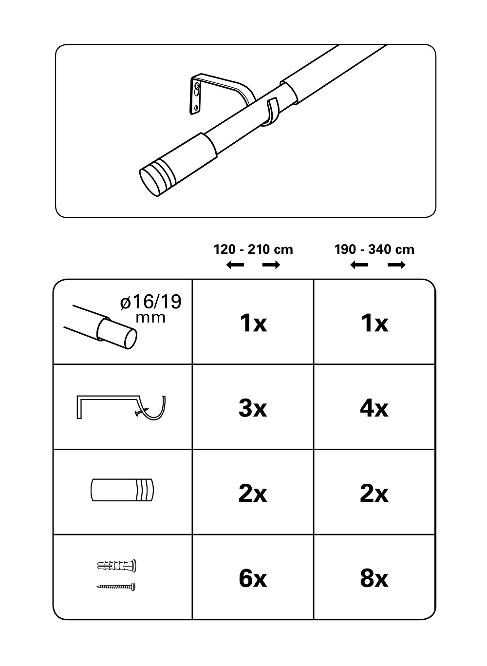 kihúzható komplett karnis szett Ø16/19 mm zylinder kihúzható komplett karnis szett Ø16/19 mm zylinder