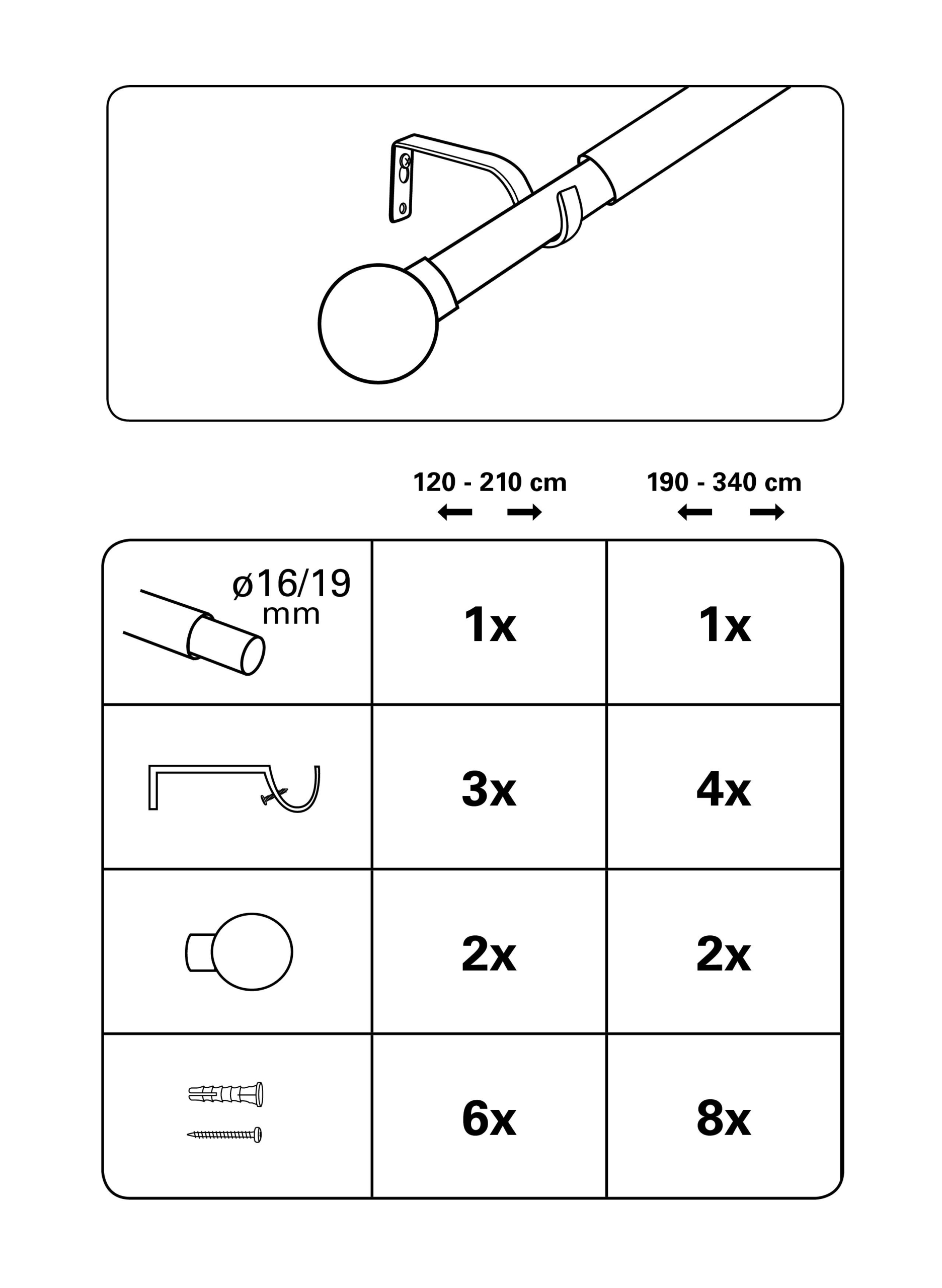 kihúzható komplett karnis szett Ø16/19 mm gömb kihúzható komplett karnis szett Ø16/19 mm gömb